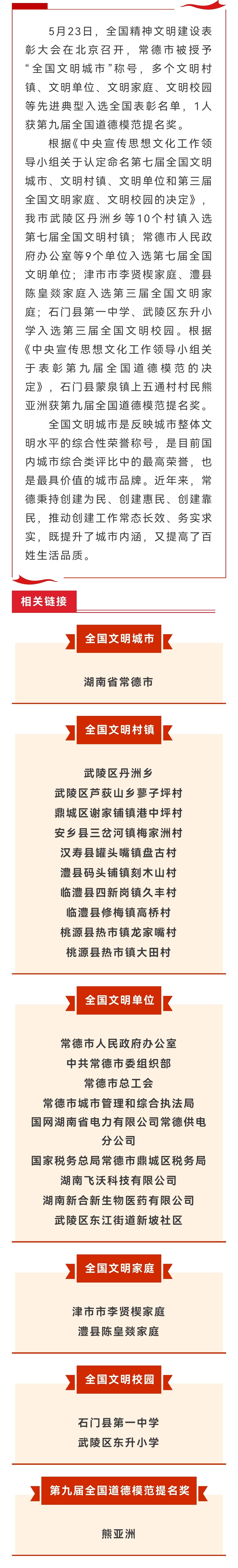 常德市荣获“全国文明城市”称号 多个精神文明建设先进典型入选全国表彰名单